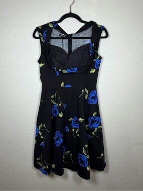 Retro Style Fit And Flare Floral Dress Blue/Black M Rockabilly Swing 50s Pin Up